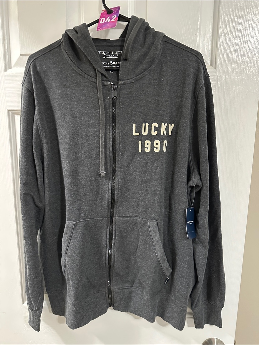 Lucky Brand Charcoal Gray Zip Hoodie with 'Lucky 1990' Chest Print